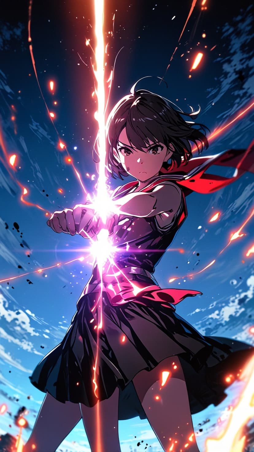 Female warrior in a pleated skirt swings a luminous blade while surrounded by explosive light and dark smoke.