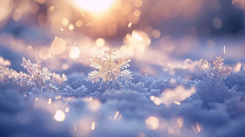 Intricate snowflake on powder snow surrounded by soft golden bokeh circles and warm light glares.