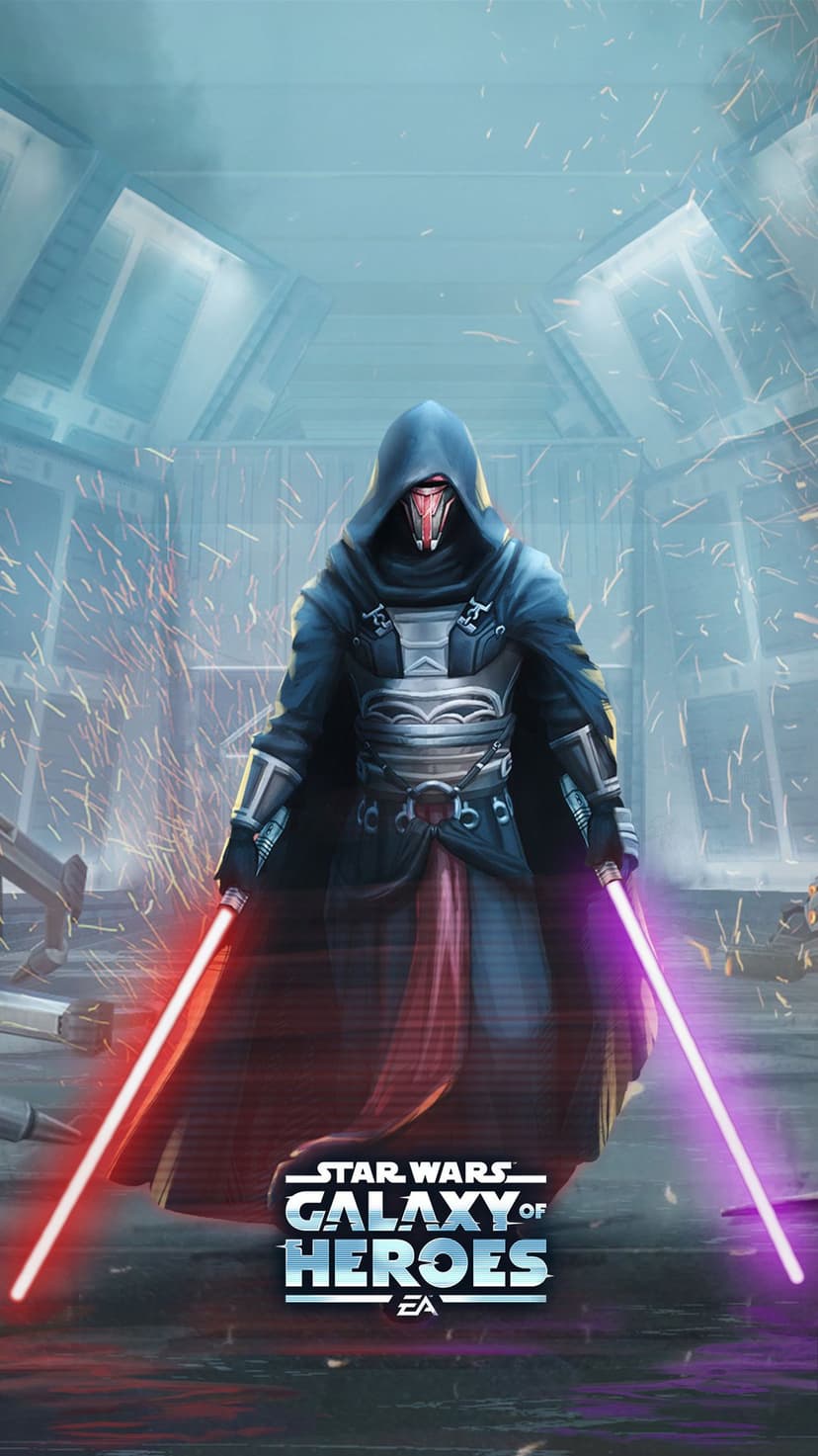 Darth Revan in a dark hood holding a red and purple lightsaber in a sparking industrial hallway.