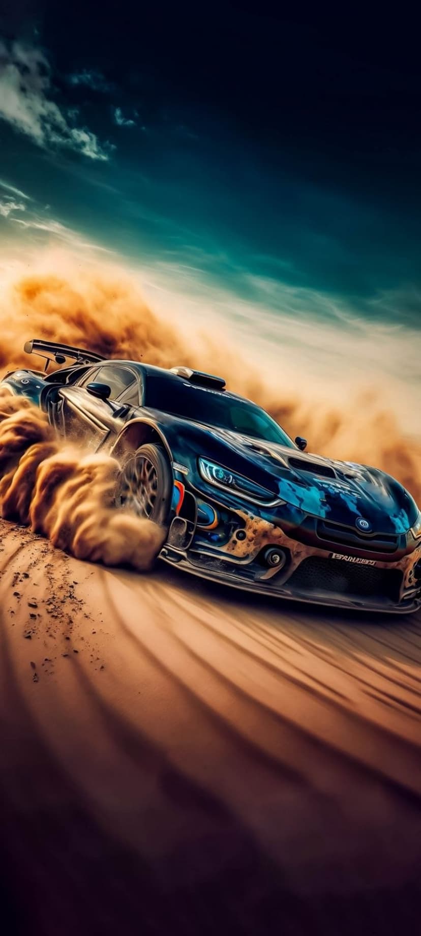Dark rally car drifting through a thick desert dust cloud under a stormy sky in a low-angle shot.