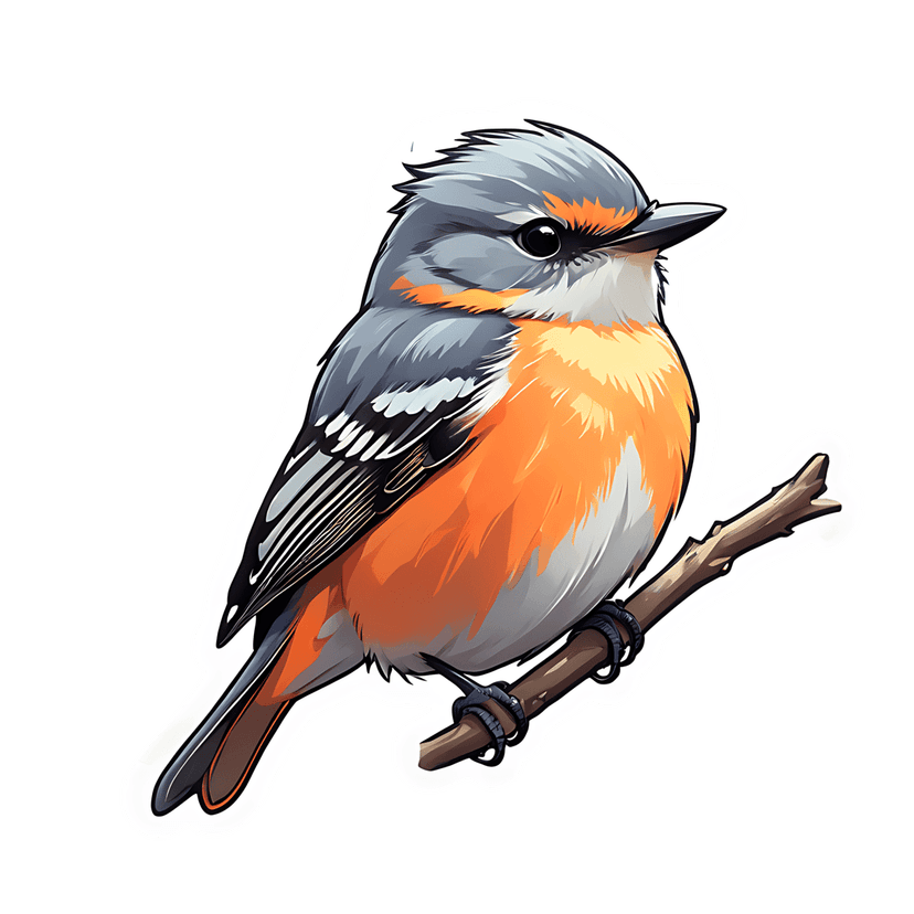 Orange songbird profile perched on a branch with gray feathers, white belly, black beak, and a white outline.