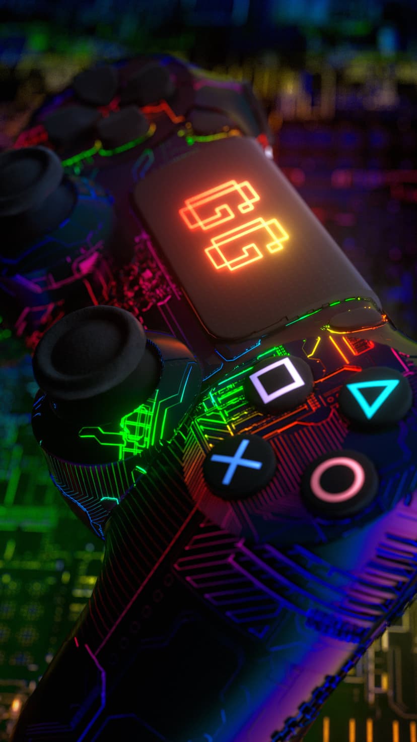 Black gaming controller with glowing neon circuitry, colorful PlayStation icons, and an orange GG logo on the pad.