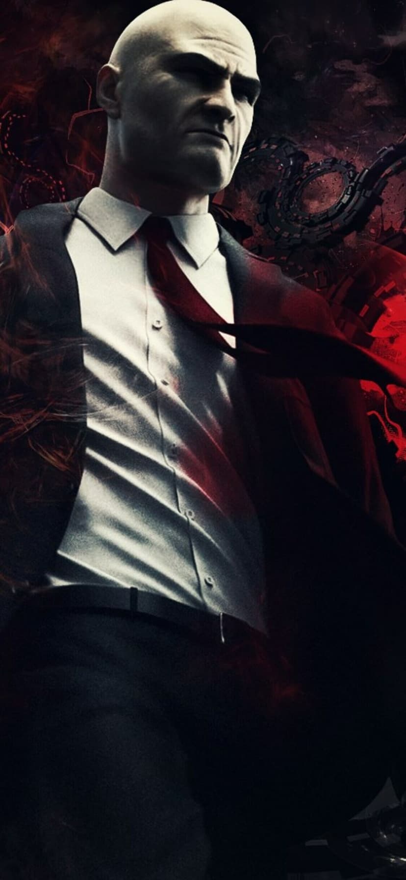 Bald man in a black suit and red tie stands against a dark background with swirling red smoke and gears.