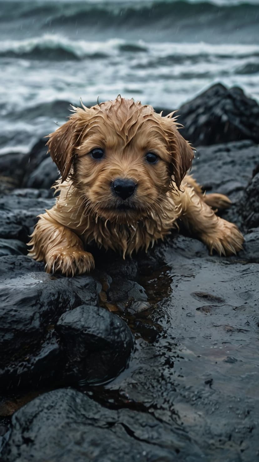 Golden retriever puppy with wet fur lies on dark coastal rocks as grey ocean waves crash in the background.