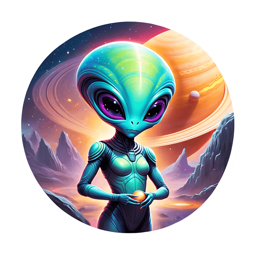 Teal extraterrestrial in a suit holds a glowing orange orb against purple mountains and a ringed planet.