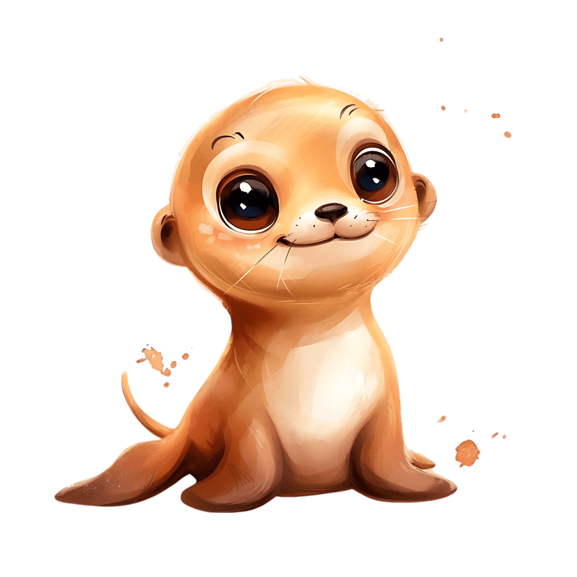 Seal pup illustration with large black eyes and peachy orange skin sitting against a solid dark background.