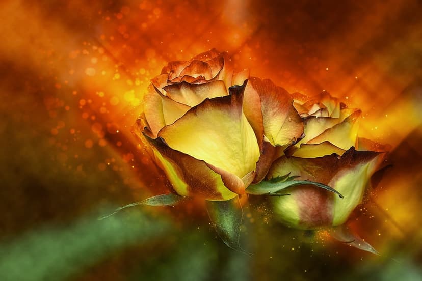 Yellow roses with red edges catch intense golden light rays and floating sparkles in a dark environment.