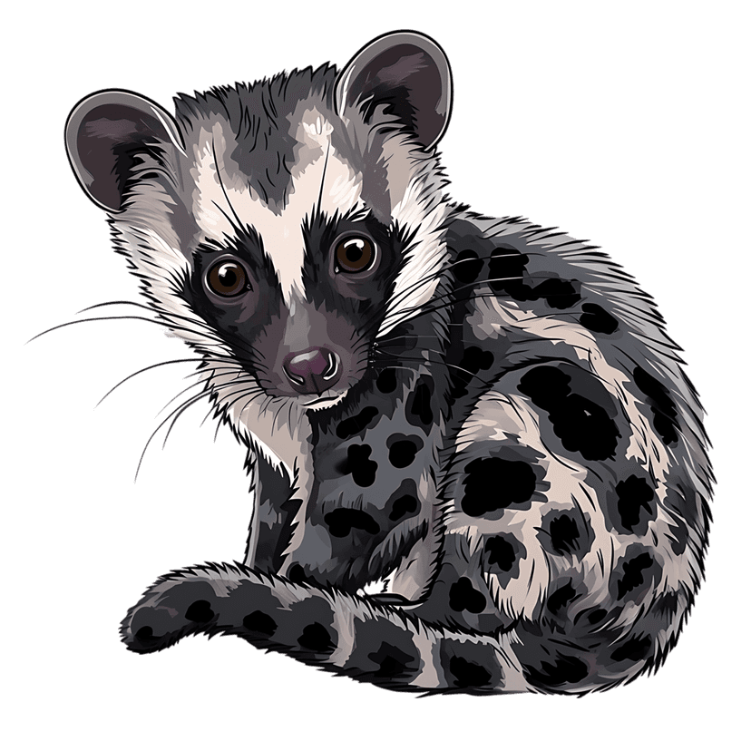 Spotted civet cat sitting in a front-facing pose showing grey fur with dark spots against a black background.