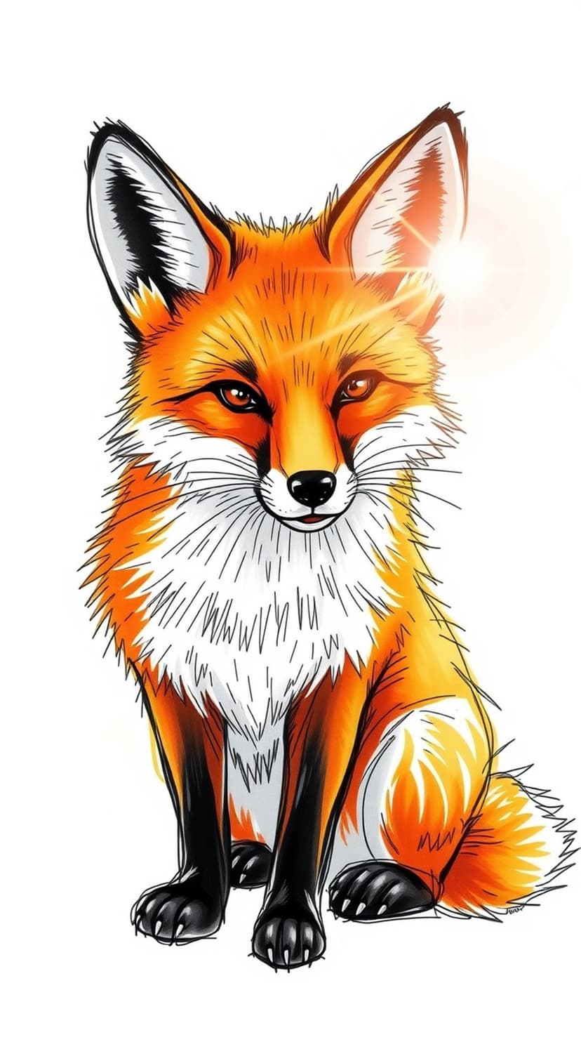 Red fox with orange fur and amber eyes sits under a bright lens flare on a soft-focus background.