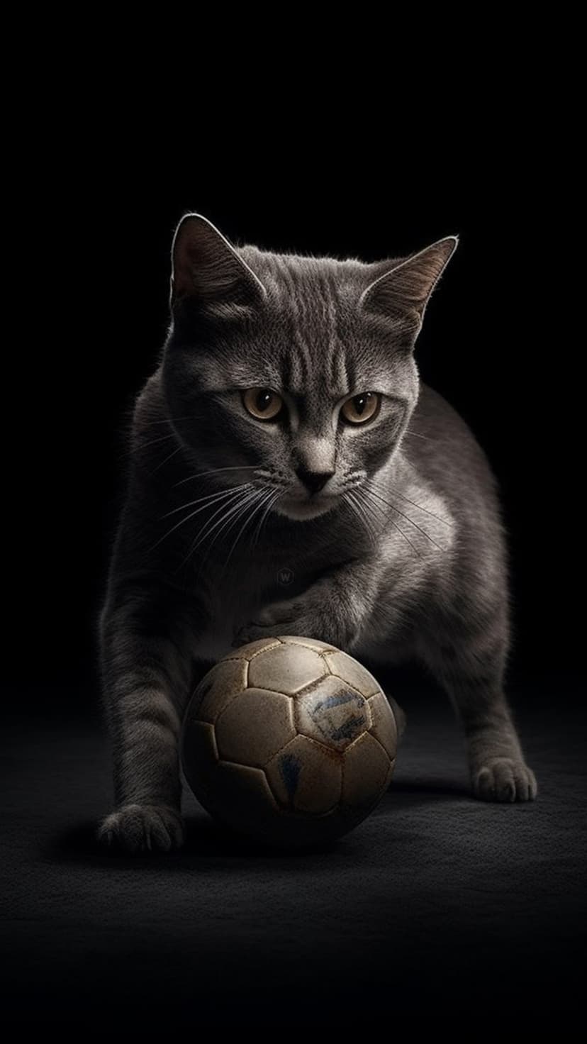 Grey tabby cat sits next to a vintage leather soccer ball under dramatic rim lighting against a black background.