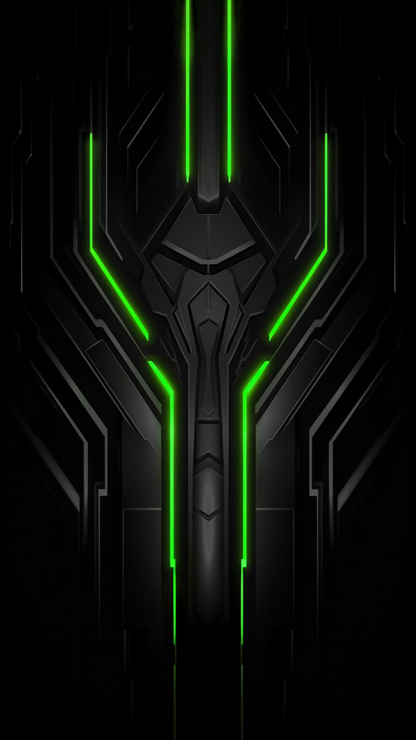Neon green geometric lines and sharp glowing angles overlay a deep black futuristic technical background.