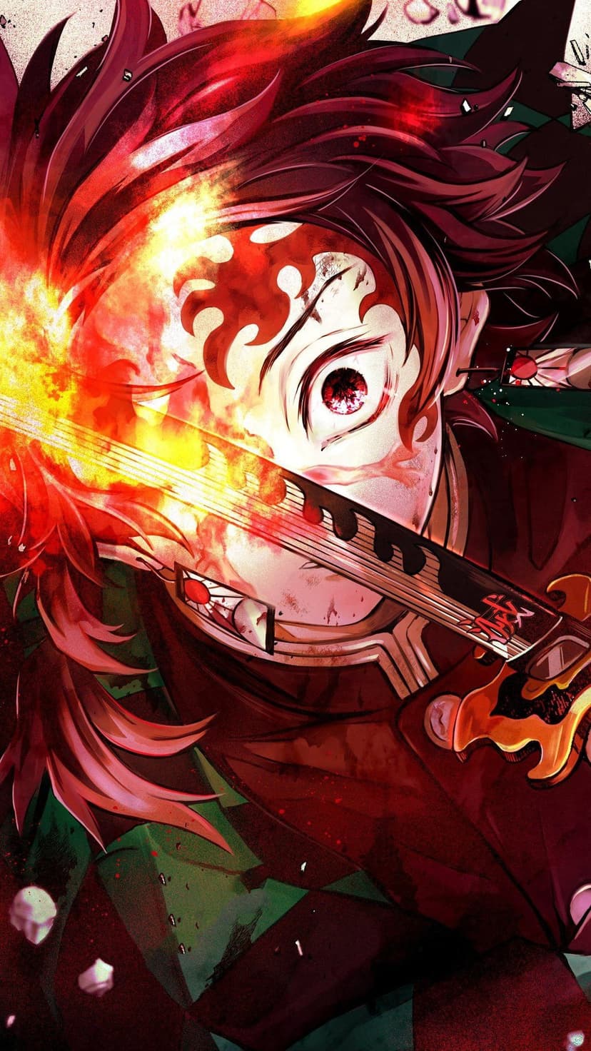 Tanjiro Kamado swings a flaming black sword while wearing a green checkered haori amidst glowing fire embers.