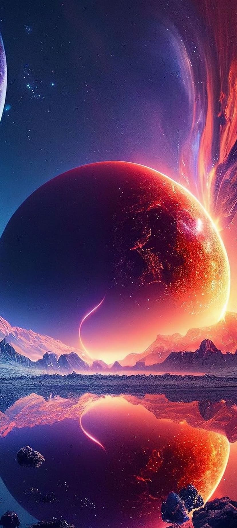 Glowing red planet and sharp mountains reflect in a calm lake beneath a swirling violet cosmic nebula.