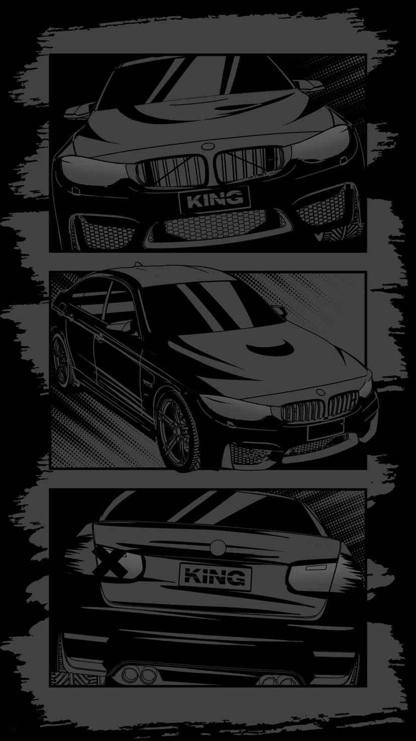 Three BMW cars arranged vertically show the front grille, side profile, and rear taillights in high contrast.