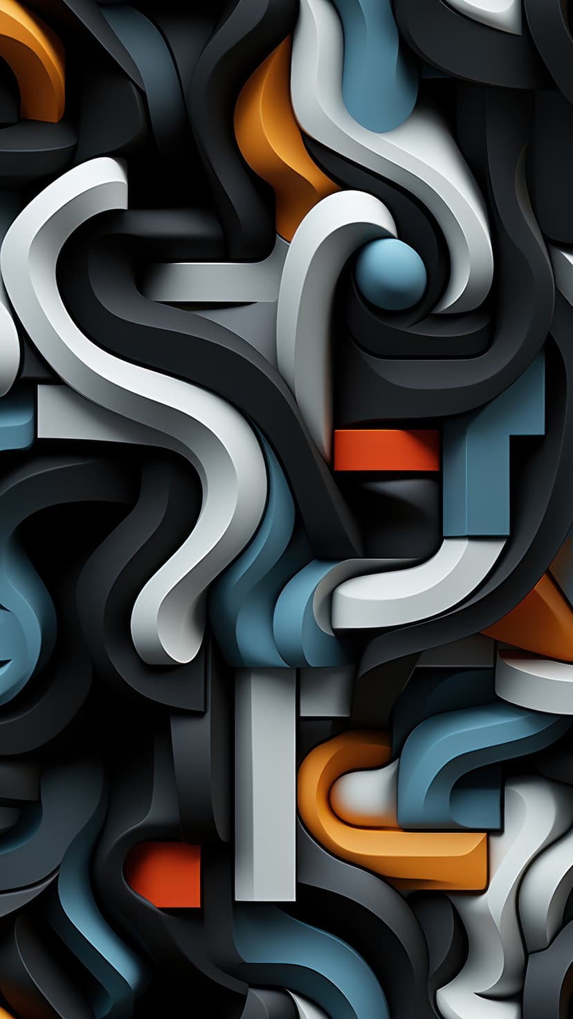 3D sculpture with gray curves, sharp white angles, and orange accents casting soft shadows on a blue surface.