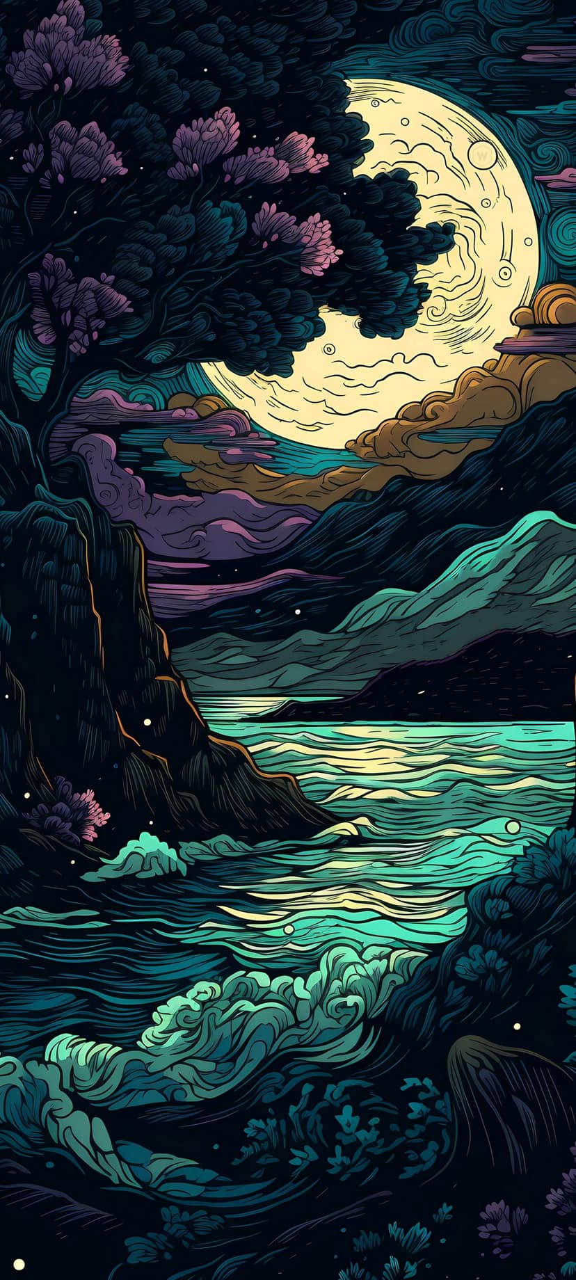 Purple blossom tree stands before a massive glowing moon reflecting over dark ocean waves and rocky coastal shores.