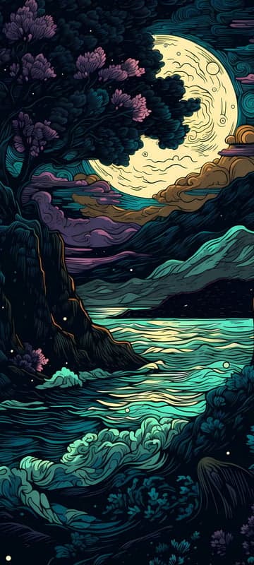 Enchanting Moonlit Seascape with Mystical Tree