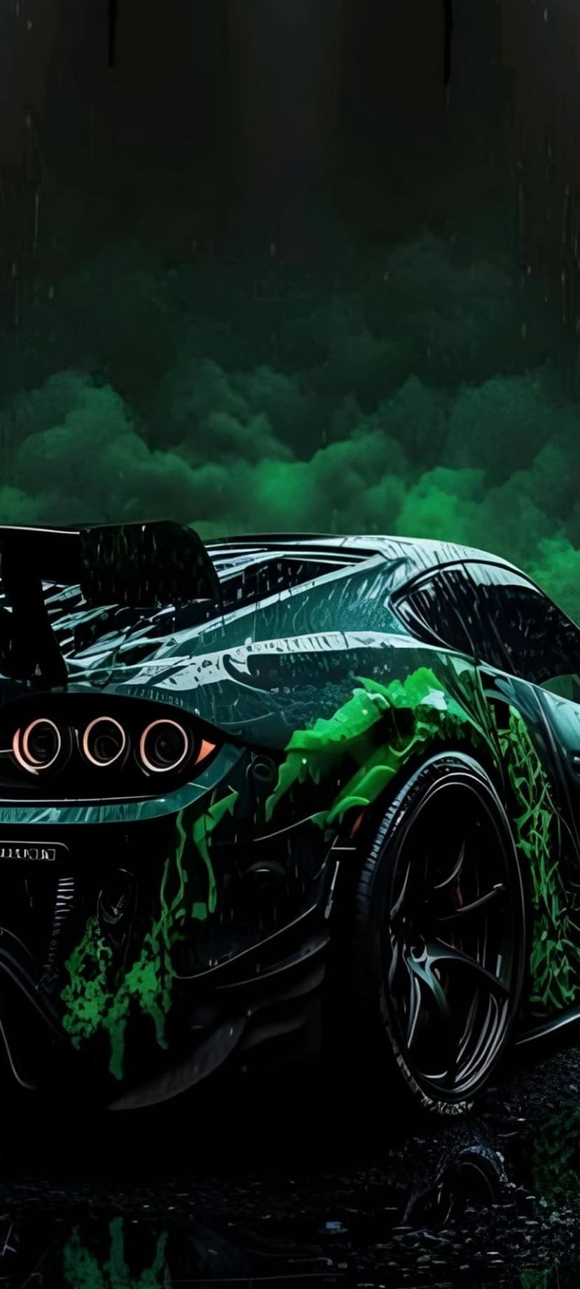 Dark green sports car with neon green streaks parked on a wet street during a stormy night with heavy rain.
