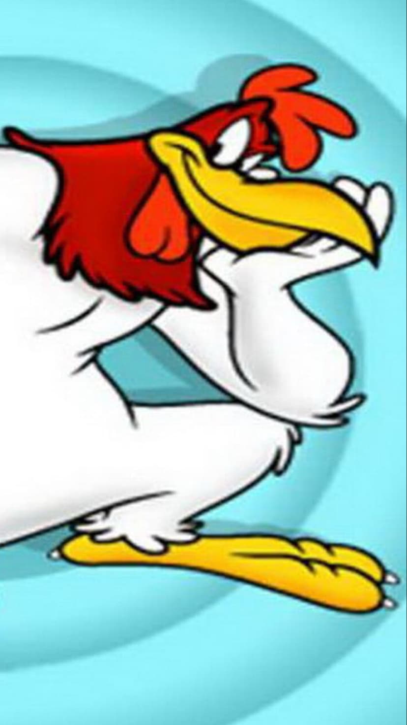 Foghorn Leghorn leaning forward with a wing to his chin against a blue patterned backdrop with yellow feet visible.
