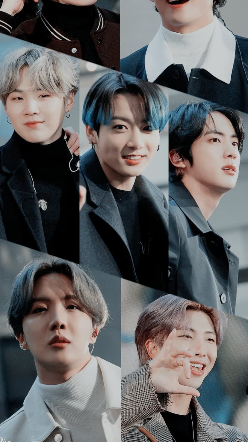 BTS members Suga, Jungkook, Jin, J-Hope, and RM appear in a vertical portrait collage wearing stylish k-pop fashion.