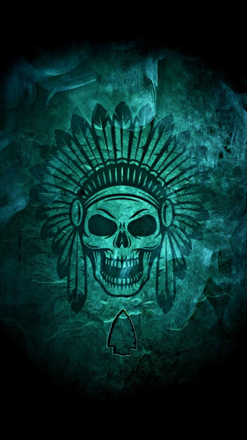 Skeletal face wearing a feathered warbonnet above a stone arrowhead on a dark teal and black textured background.