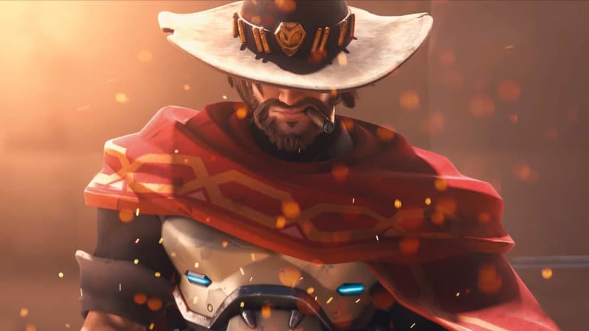 Cassidy wearing a cowboy hat and red serape with a cigar, surrounded by glowing orange embers in a warm glow.