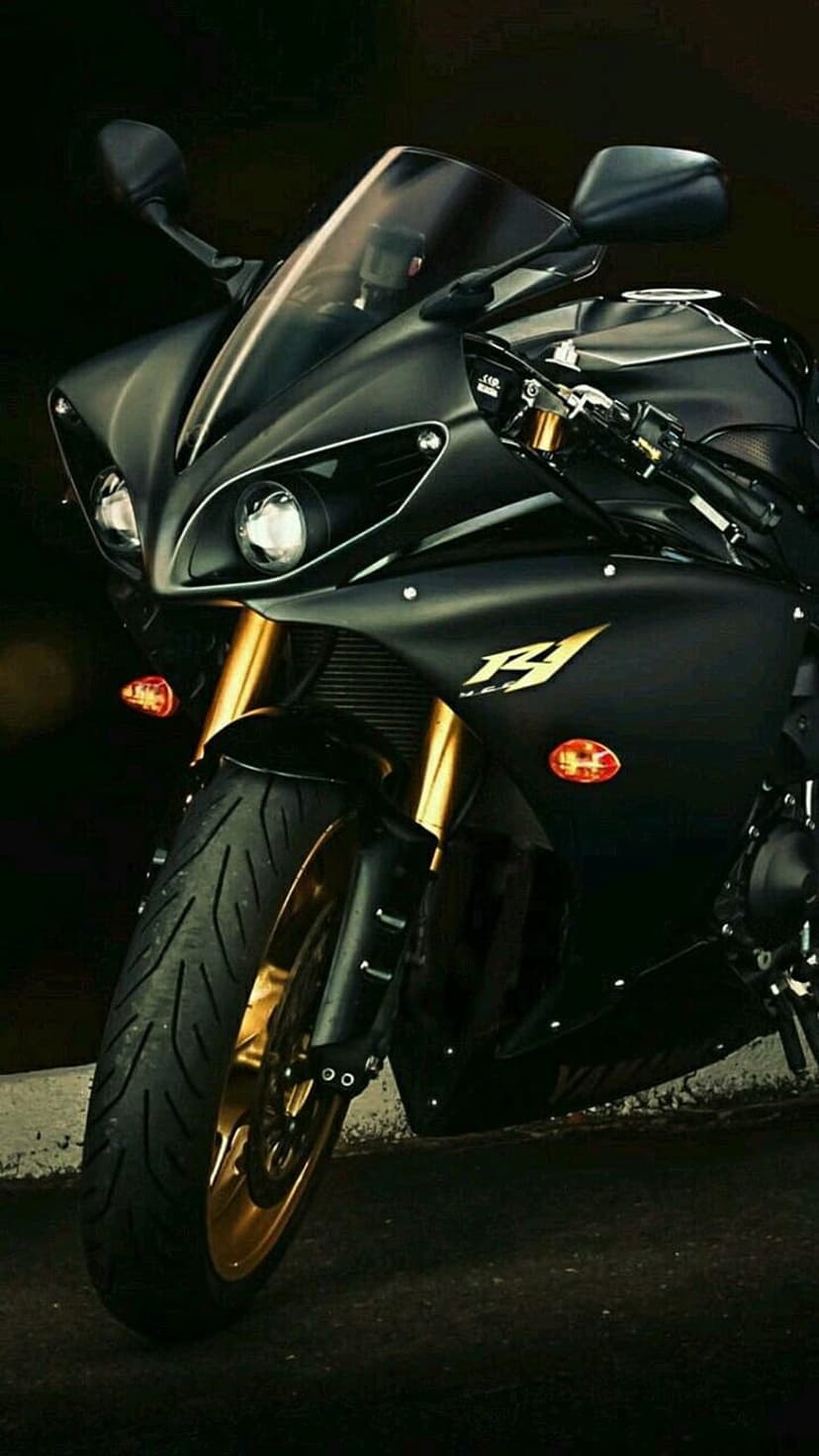 Yamaha R1 motorcycle front fairing with gold forks and dual headlights captured in a close-up portrait shot.