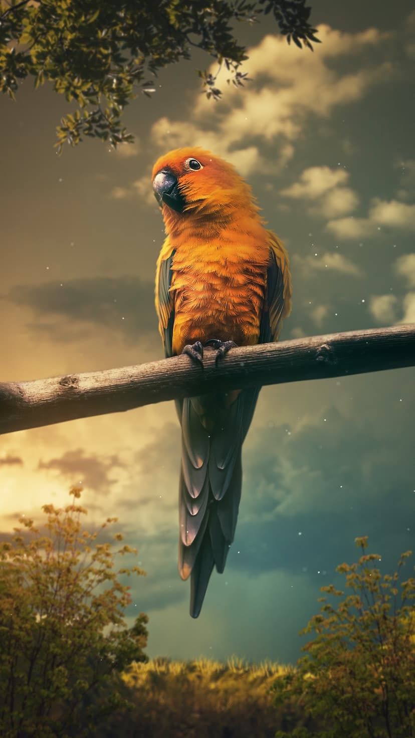 Orange Sun Conure parrot perching on a wooden branch during a golden sunset with a starry twilight sky backdrop.