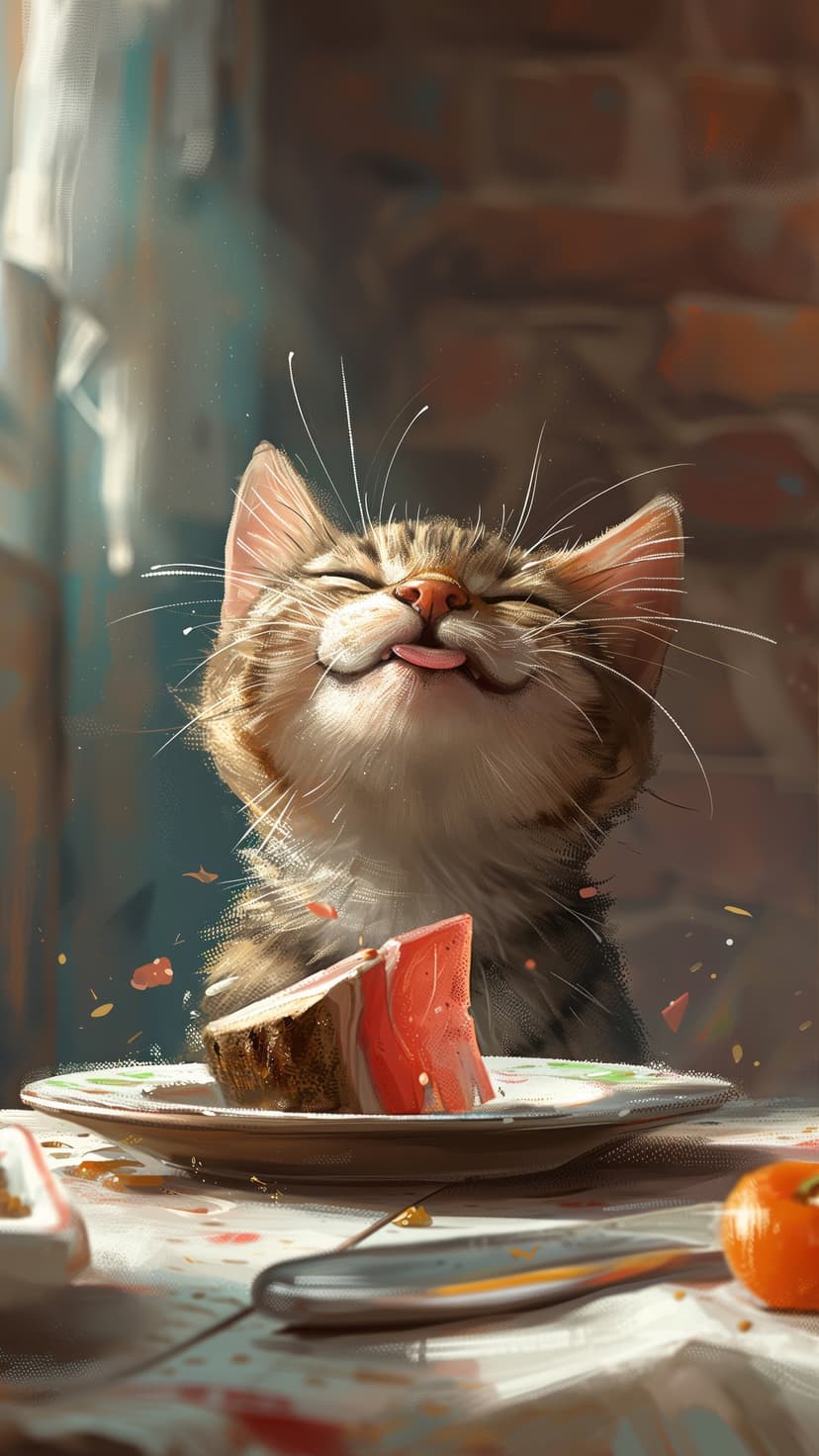 Tabby cat with eyes closed and tongue out sits at a messy table covered in cake crumbs and sugary pink frosting.