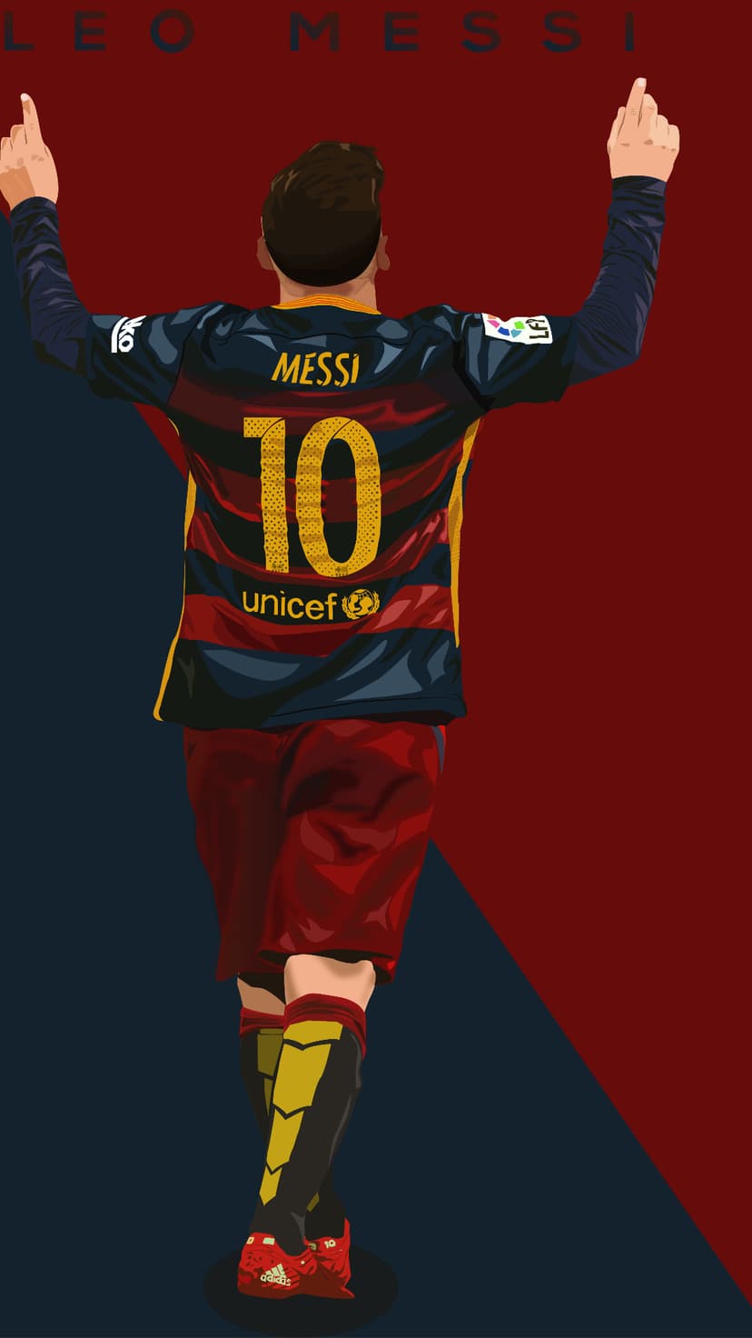 Lionel Messi wearing a number 10 Barcelona jersey raises his arms in celebration against a blue and red backdrop.
