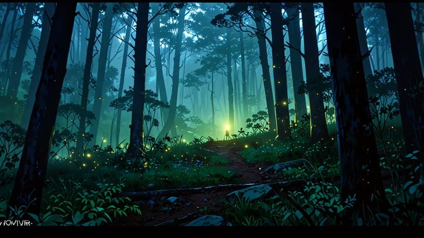 A winding dirt path leads through tall trees surrounded by glowing blue fireflies and a soft misty atmosphere.