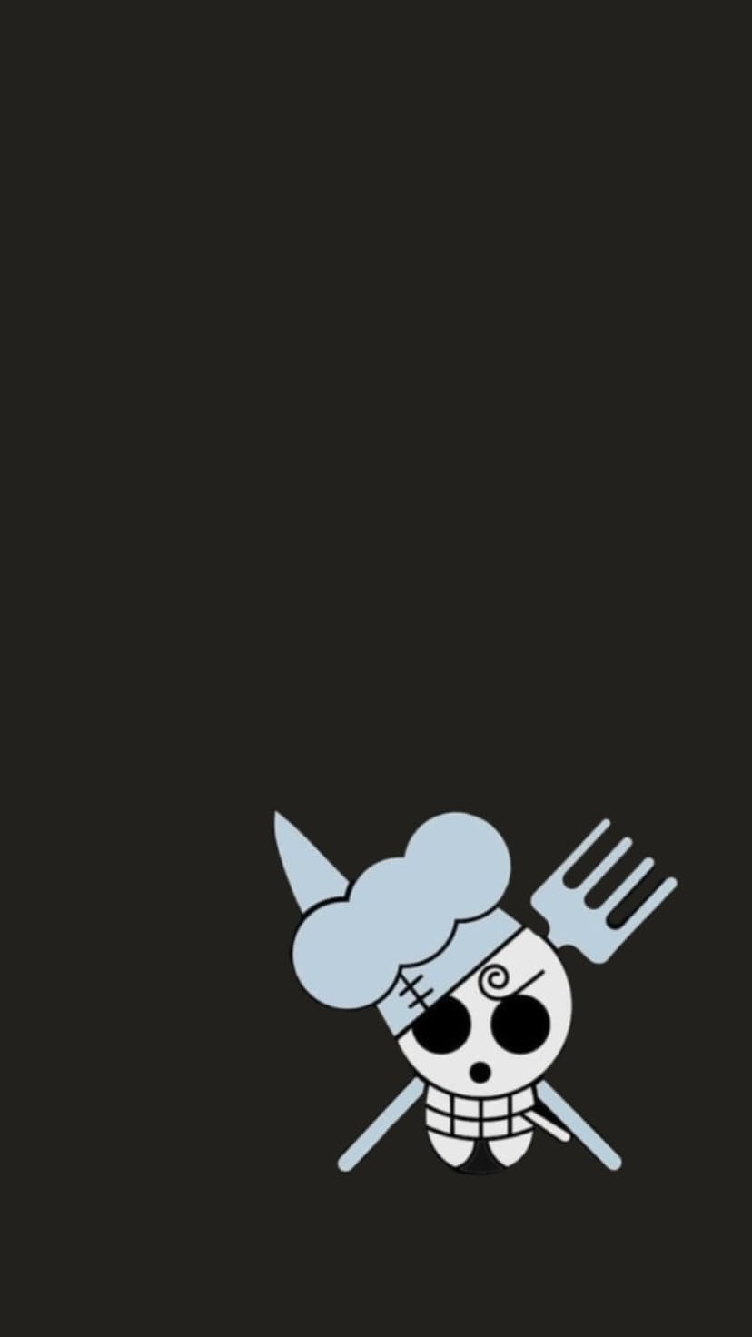 Sanji Jolly Roger skull wears a blue chef hat and swirling eyebrow against a dark background with a crossed fork.