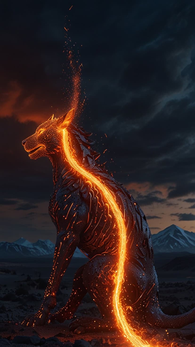 Magma-infused wolf spirit with a trail of orange light leaping over dark mountains under a stormy twilight sky.