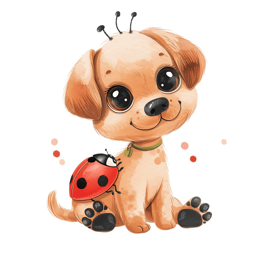 Watercolor puppy illustration sitting with a red ladybug on its back featuring a green collar and pink dots.