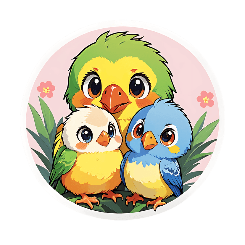 Parrot family sticker illustration showing three colorful birds on a pink circular base with green leaves.