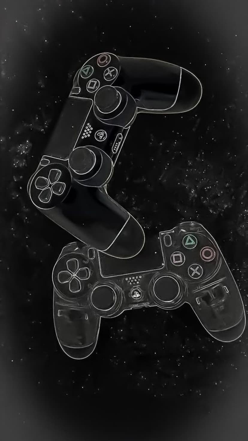 Two gamepads with white outlines float against a dark starry background featuring a faint nebular cloud.
