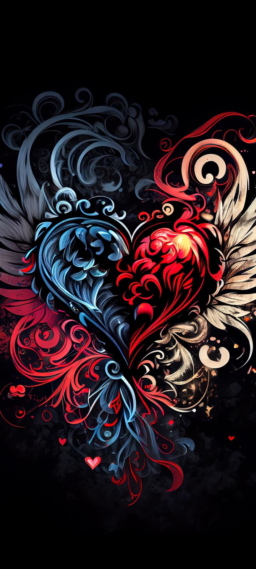 Bipartite red and blue heart with feathered wings and ornate floral swirls against a dark black background.