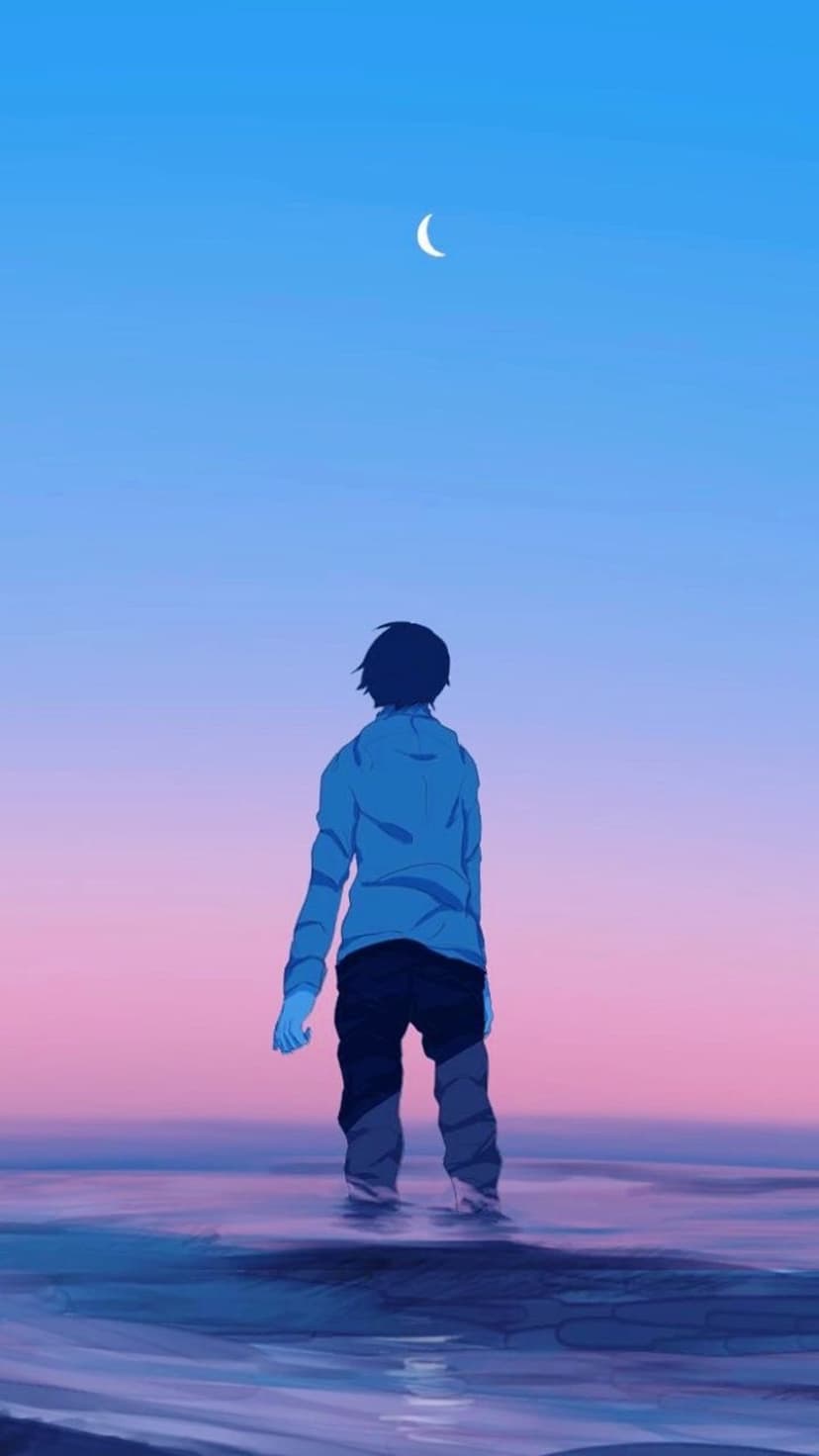 Boy in a blue hoodie stands in shallow ocean water looking at a purple sunset sky with a crescent moon.