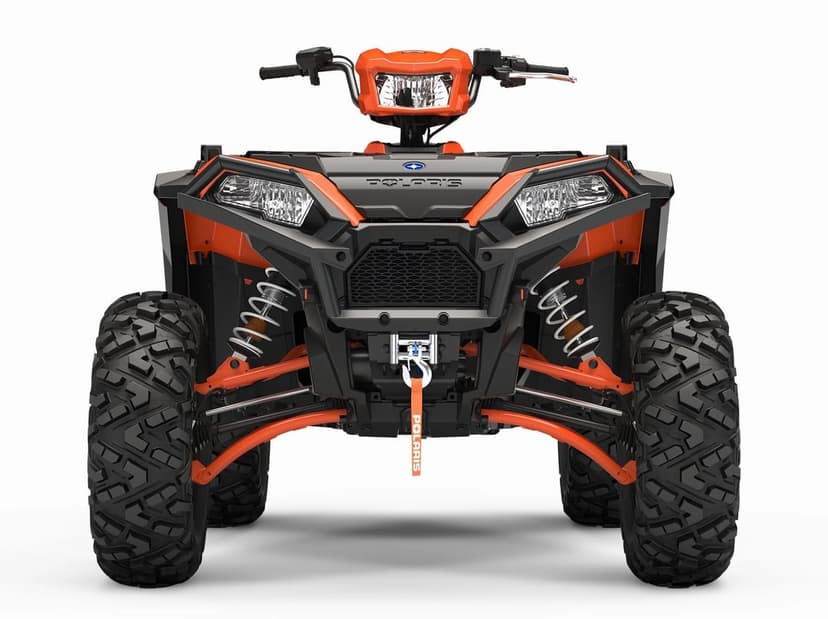 Orange and black Polaris ATV front view with aggressive tires and off-road suspension on a white background.