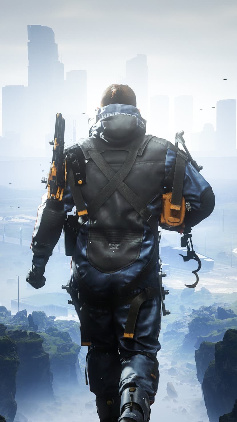 Sam Porter Bridges walking toward a misty city skyline with rugged cliffs and high-tech gear visible.