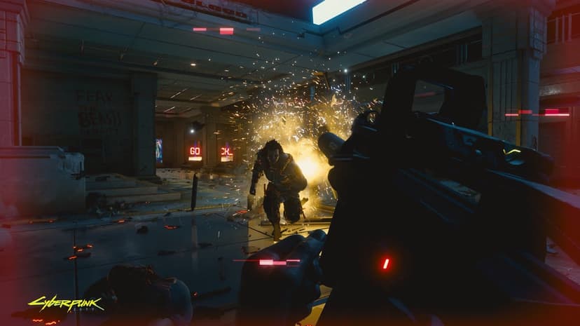 First-person view of a character shooting an enemy amidst golden sparks and debris in a dark futuristic interior.