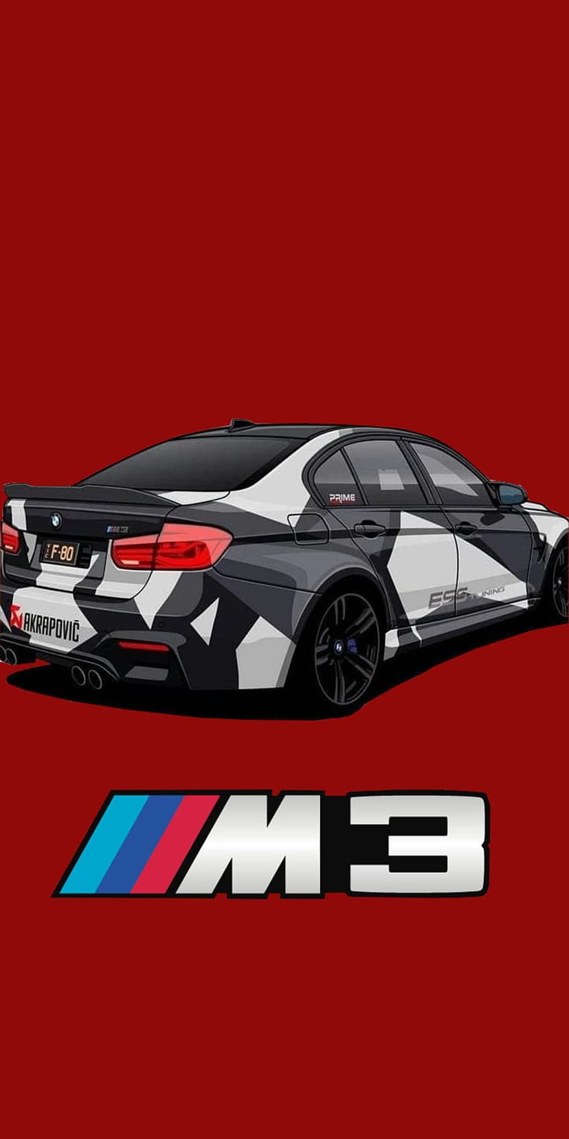 BMW M3 sedan with a black and grey camouflage wrap, Akrapovič logo, and tri-color M power emblem on a dark base.