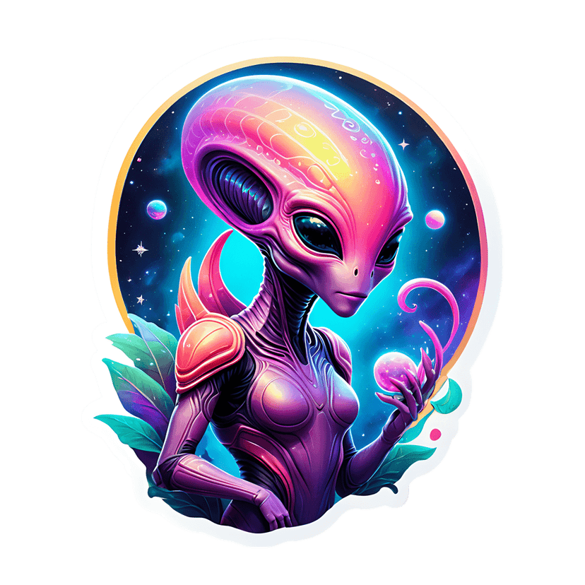 Iridescent alien sticker holding a glowing neon orb against a starry nebula background with a white border.