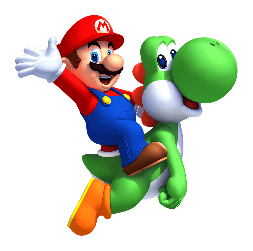 Mario riding Yoshi mascot featuring a green dinosaur and red-capped character in a dynamic running pose.