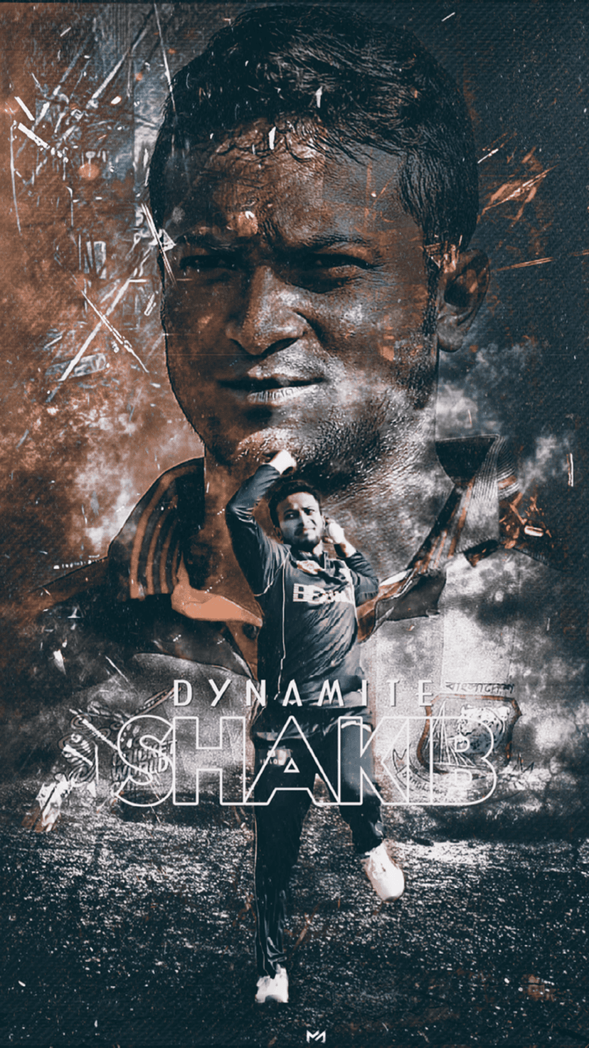 Shakib Al Hasan’s determined face appears behind an action shot of him bowling against a textured dark background.