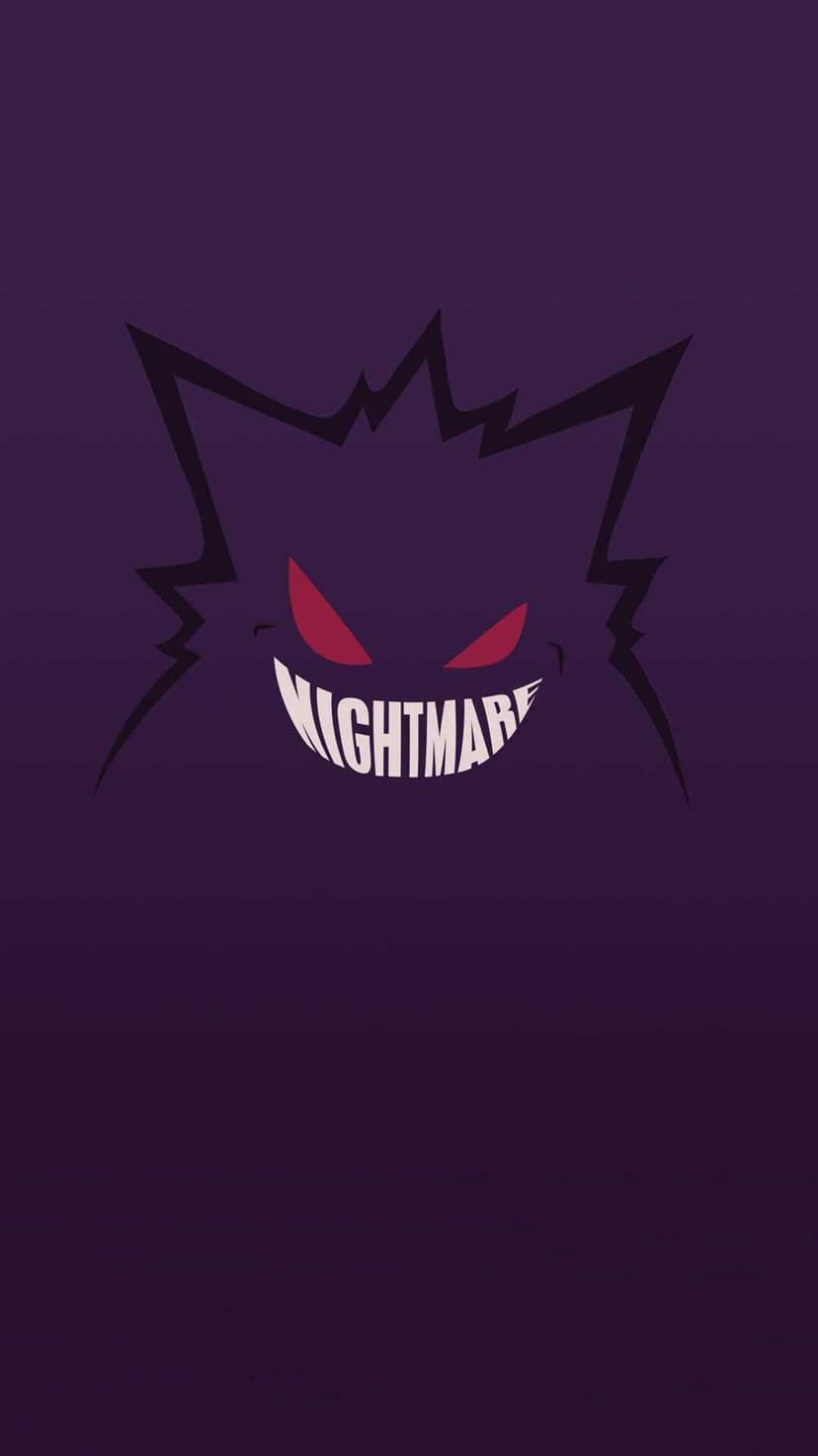 Silhouette of Gengar with red eyes and a grin shaped like the word nightmare on a purple background.