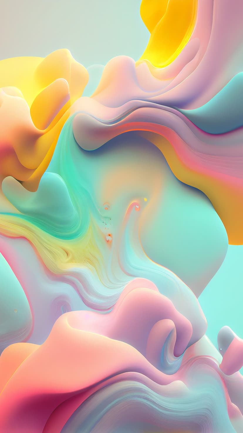 Fluid waves of pastel yellow, pink, and teal swirl in an organic pattern with smooth gradients and soft shadows.