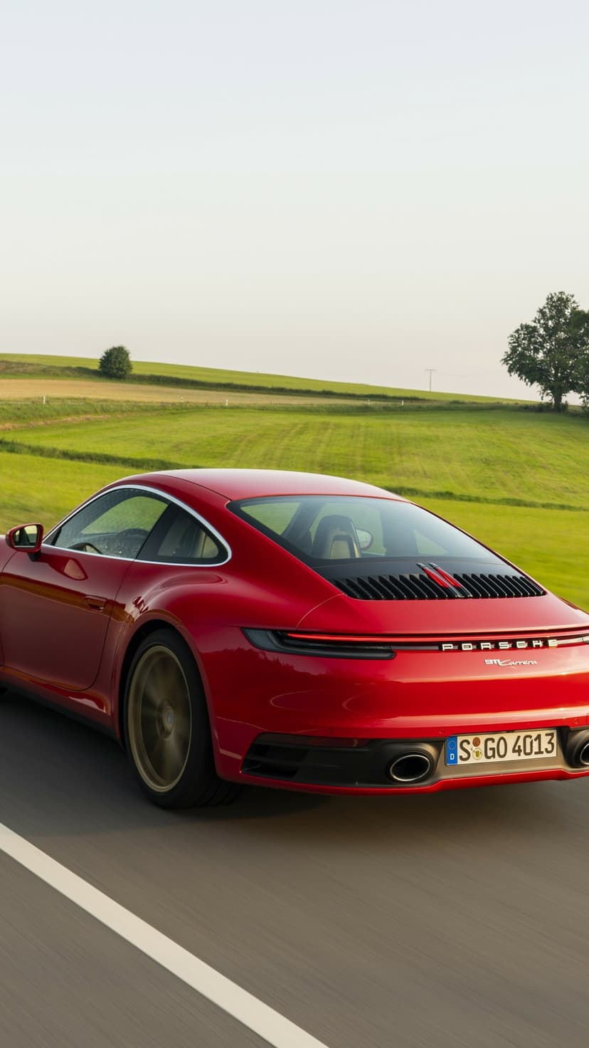 Red Porsche 911 Carrera driving on a highway through green hills under a bright sky with golden hour lighting.