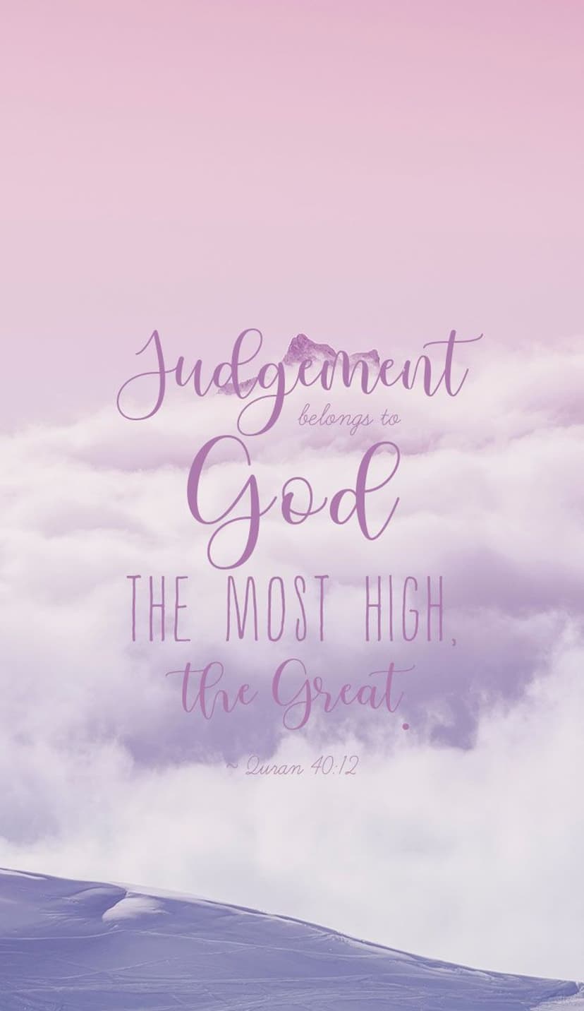 Purple Arabic calligraphy displays Quran 40:12 above snowy mountains and soft pastel clouds in a vertical view.