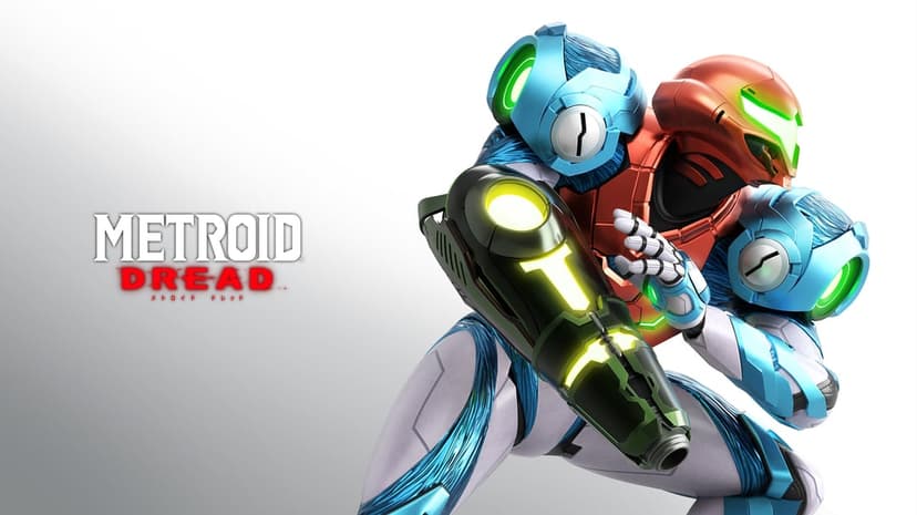 Samus Aran in her red and white Dread suit aiming her arm cannon against a minimalist white background.